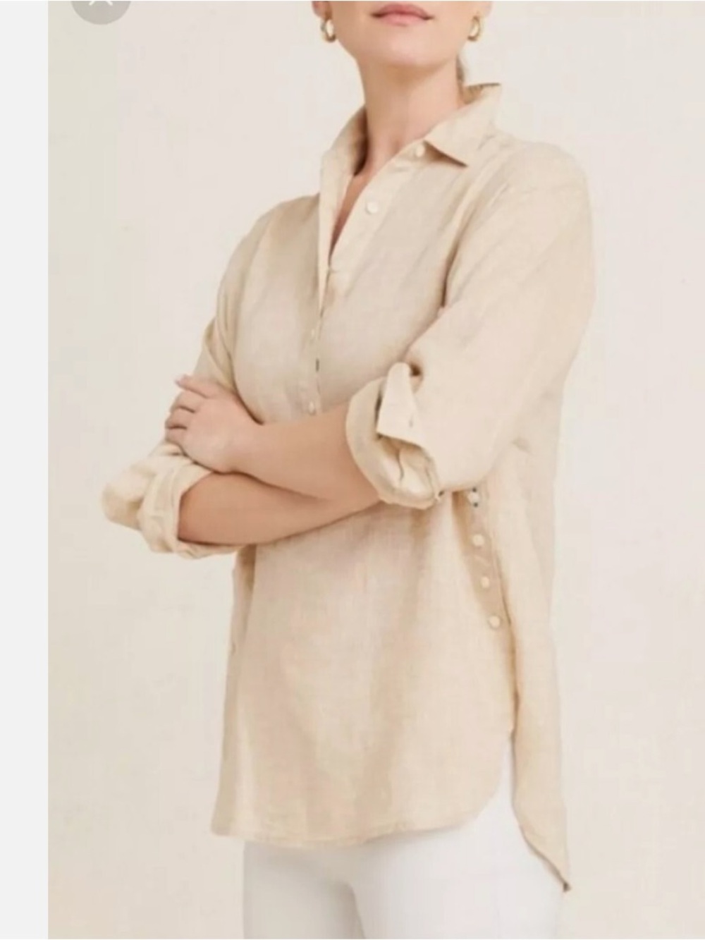J. McLaughlin Fallon Loose Fit Linen Blouse Popover Beige Linen